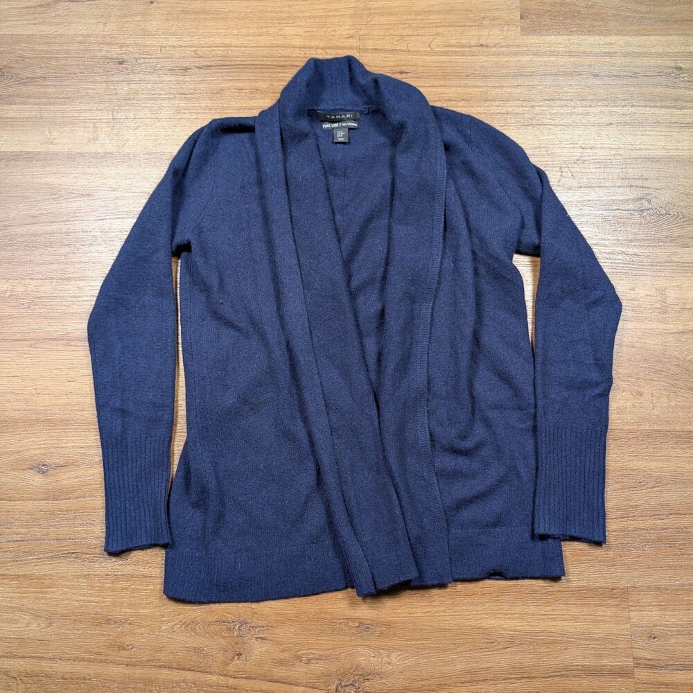 Tahari Pure Luxe Cashmere Cardigan M Blue Open Front Shawl Minimalist Luxury